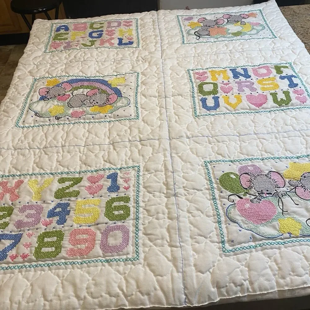Vintage 1970s Crib Baby Coverlet Embroidery Needlepoint Novelty Quilted Blanket